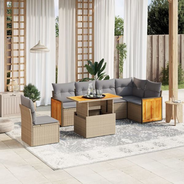 vidaXL 7 Piece Garden Sofa Set with Cushions Beige Poly Rattan