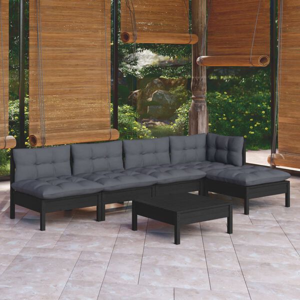 vidaXL 6 Piece Garden Lounge Set with Cushions Black Pinewood