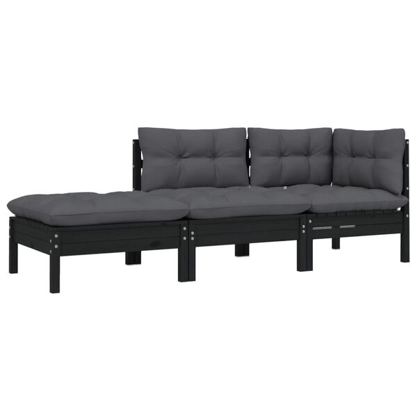 vidaXL 3 Piece Garden Lounge Set with Cushions Black Solid Pinewood