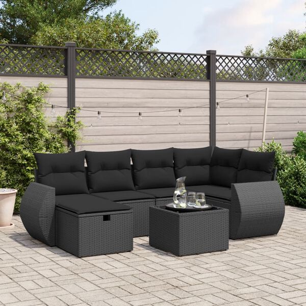 vidaXL 7 Piece Garden Sofa Set with Cushions Black Poly Rattan