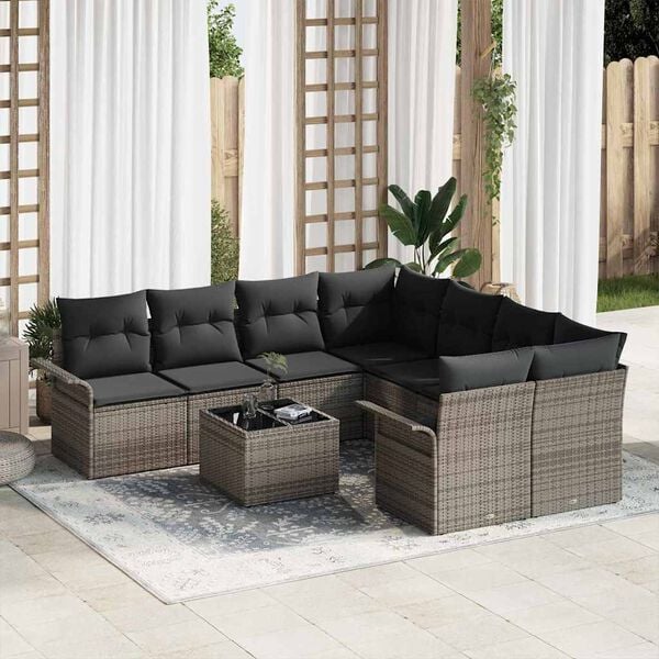 vidaXL Garden Sofa Set with Cushion 9 pcs Grey Poly Rattan