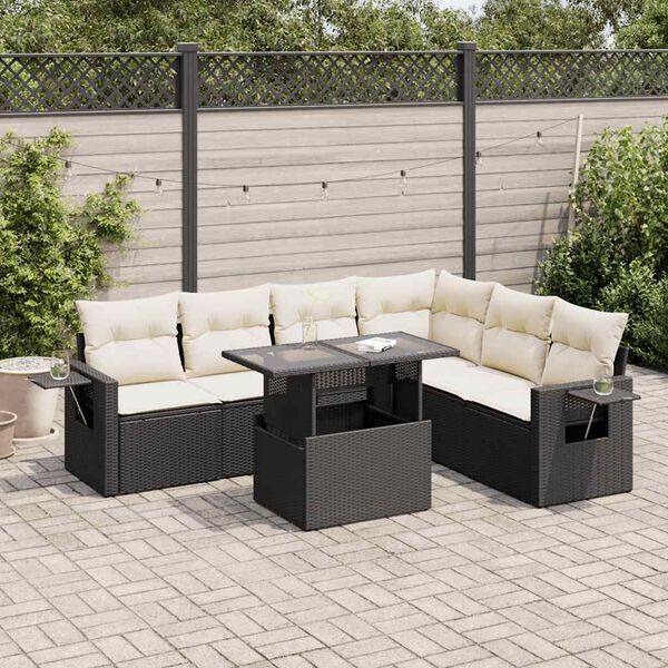 vidaXL 7 Piece Garden Sofa Set with Cushions Black Poly Rattan
