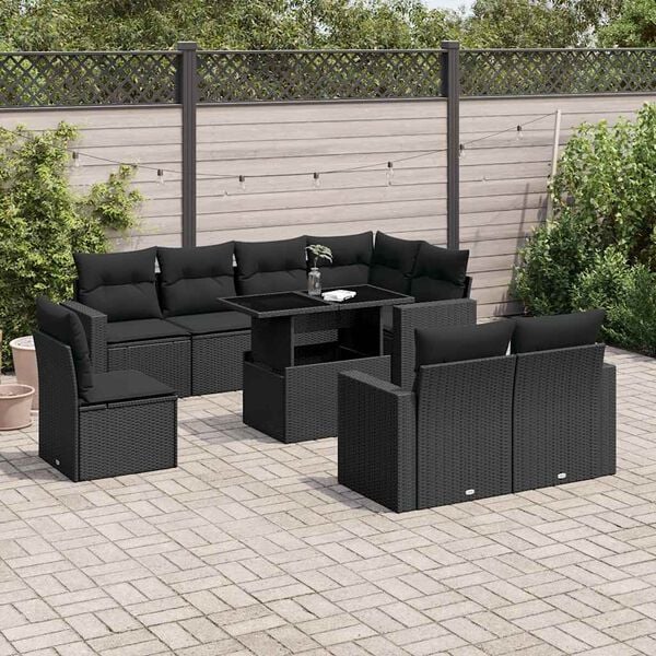 vidaXL 9 Piece Garden Sofa Set with Cushions Black Poly Rattan