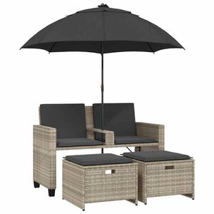 vidaXL Garden Sofa 2-Seater with Parasol&Stools Light Grey Poly Rattan