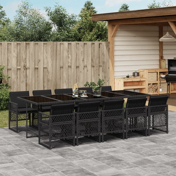 vidaXL 11 Piece Garden Dining Set with Cushions Black Poly Rattan