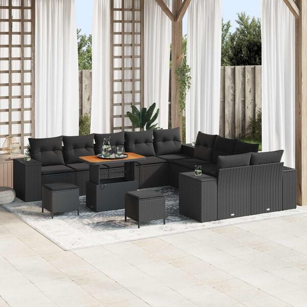 vidaXL Garden Sofa Set with Cushion 13 pcs Black Poly Rattan