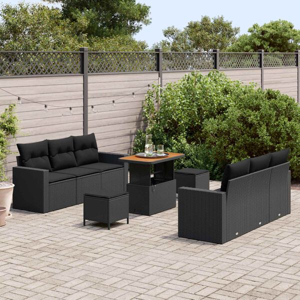 vidaXL Garden Sofa Set Height-Adjustable 9 pcs Black Poly Rattan