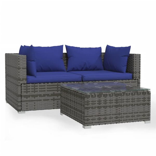 vidaXL 3 Piece Garden Lounge Set with Cushions Grey Poly Rattan