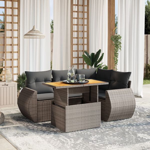 vidaXL 5 Piece Garden Sofa Set with Cushions Grey Poly Rattan