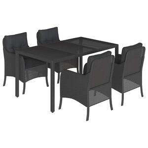 vidaXL 5 Piece Garden Dining Set with Cushions Black Poly Rattan