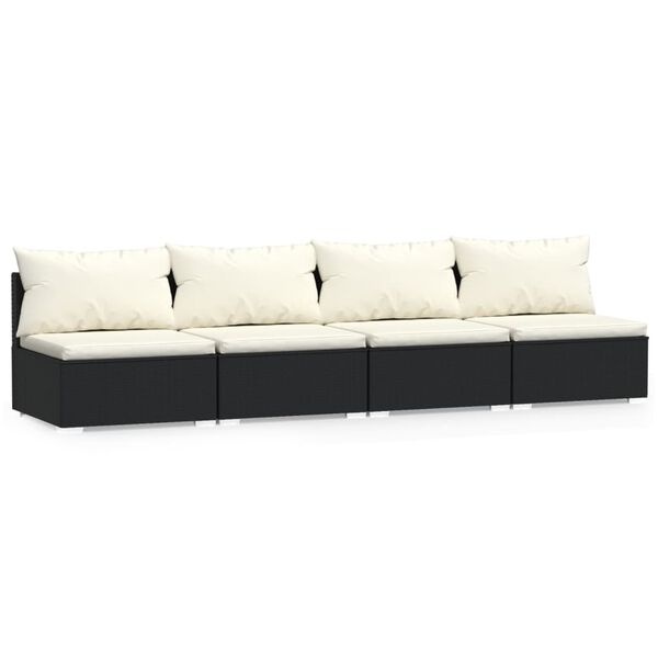 vidaXL 4-Seater Sofa with Cushions Black Poly Rattan