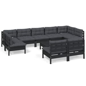 vidaXL 10 Piece Garden Lounge Set with Cushions Black Solid Pinewood