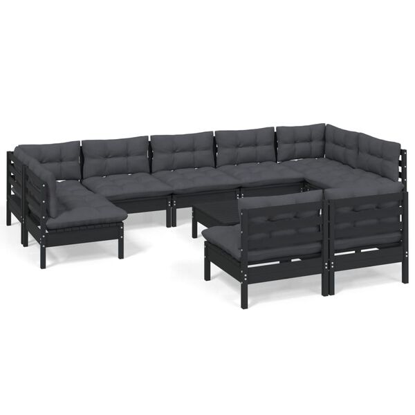 vidaXL 10 Piece Garden Lounge Set with Cushions Black Solid Pinewood