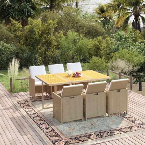 vidaXL 7 Piece Garden Dining Set with Cushions Poly Rattan Beige
