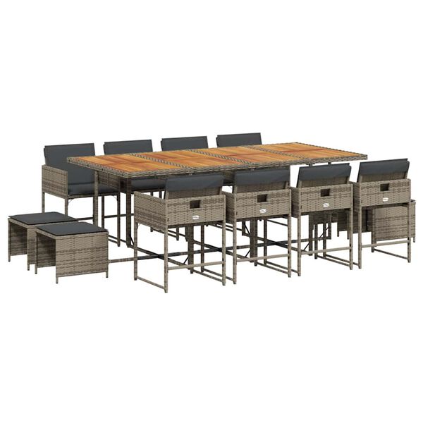 vidaXL 13 Piece Garden Dining Set with Cushions Grey Poly Rattan