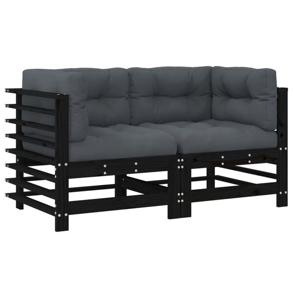 vidaXL Corner Sofas with Cushions 2 pcs Black Solid Wood Pine