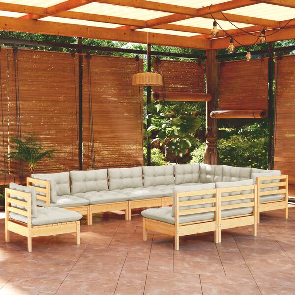 vidaXL 10 Piece Garden Lounge Set with Cream Cushions Solid Pinewood