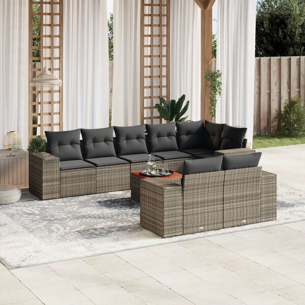 vidaXL 9 Piece Garden Sofa Set with Cushions Grey Poly Rattan