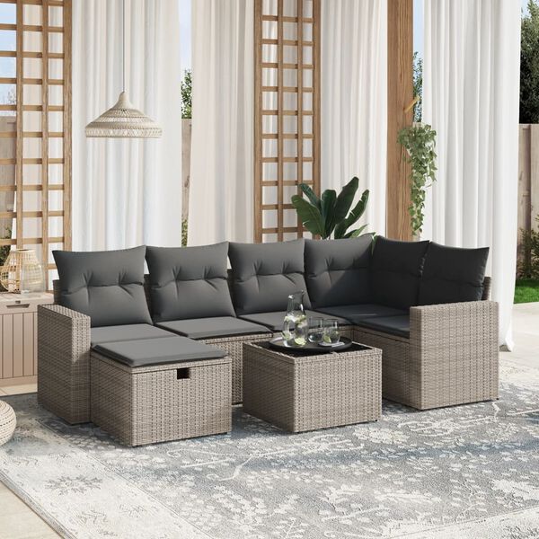 vidaXL 7 Piece Garden Sofa Set with Cushions Grey Poly Rattan