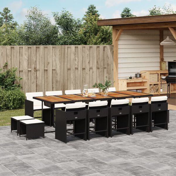 vidaXL 15 Piece Garden Dining Set with Cushions Black Poly Rattan