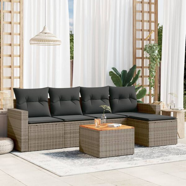 vidaXL 6 Piece Garden Sofa Set with Cushions Grey Poly Rattan