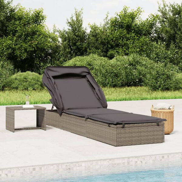 vidaXL Sunbed with Foldable Roof Grey 213x63x97 cm Poly Rattan