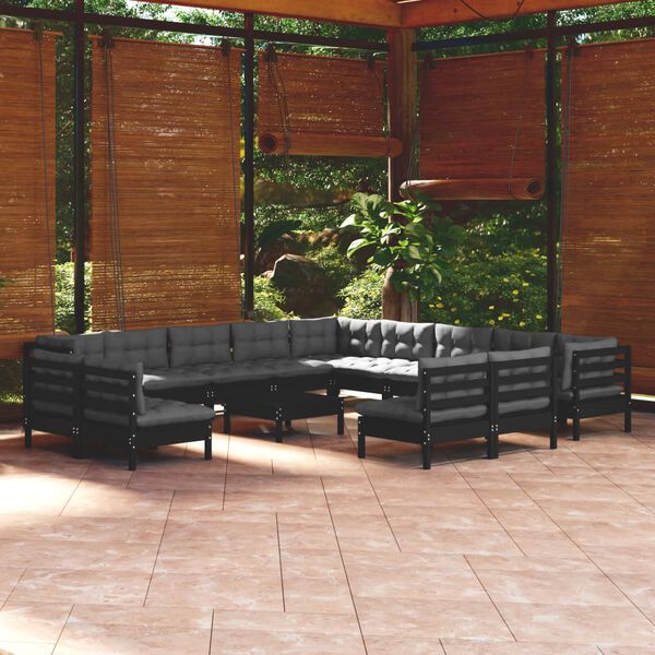 vidaXL 14 Piece Garden Lounge Set with Cushions Black Solid Pinewood