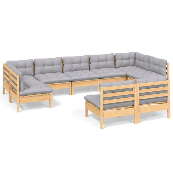 vidaXL 9 Piece Garden Lounge Set with Grey Cushions Solid Pinewood