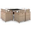 vidaXL 9 Piece Outdoor Dining Set with Cushions Poly Rattan Beige