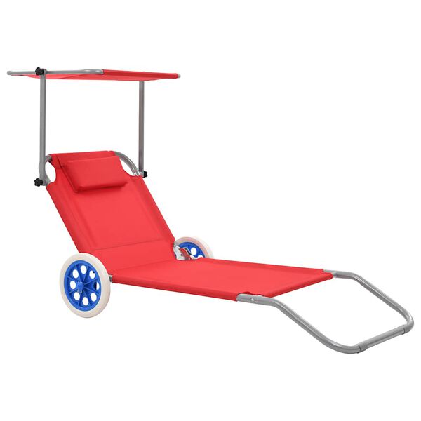 vidaXL Folding Sun Lounger with Canopy and Wheels Steel Red