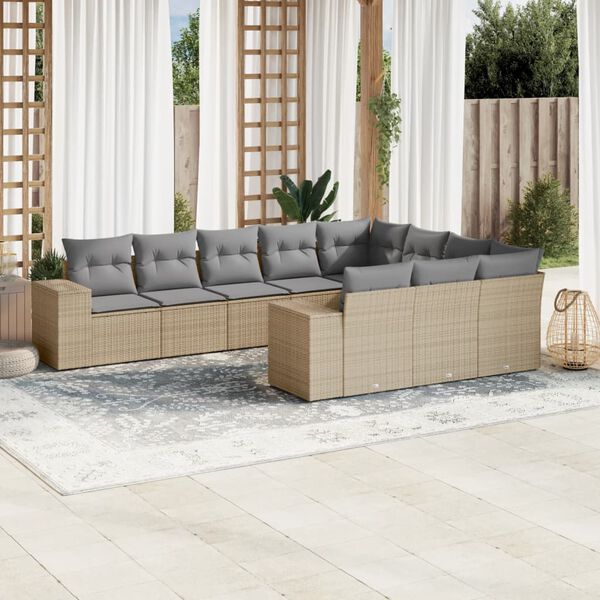 vidaXL 10 Piece Garden Sofa Set with Cushions Beige Poly Rattan