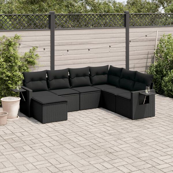 vidaXL 7 Piece Garden Sofa Set with Cushions Black Poly Rattan