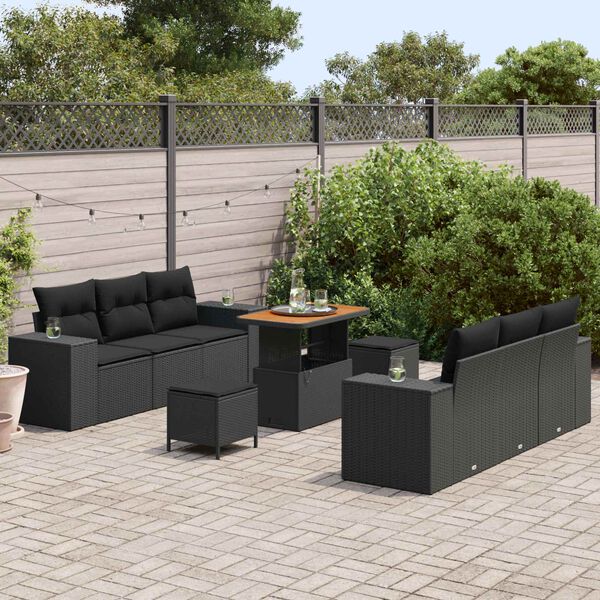 vidaXL Garden Sofa Set with Cushion 9 pcs Black Poly Rattan