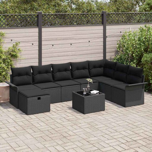 vidaXL Garden Sofa Set with Cushion 9 pcs Black Poly rattan