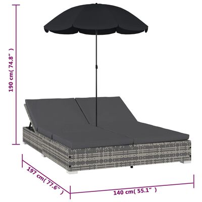 vidaXL Outdoor Lounge Bed with Umbrella Poly Rattan Grey