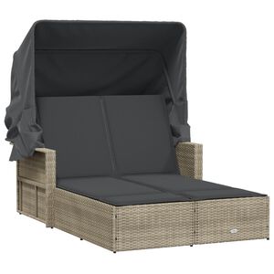 vidaXL Double Sun Lounger with Canopy and Cushions Light Grey Poly Rattan