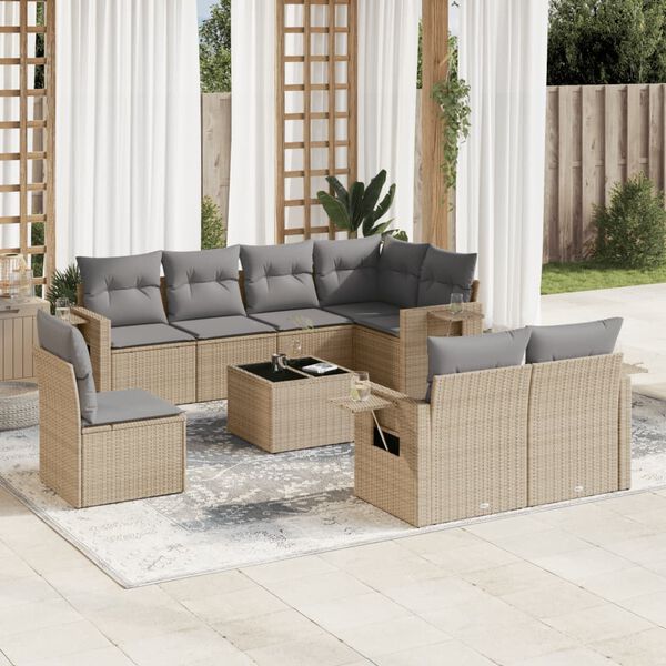vidaXL 9 Piece Garden Sofa Set with Cushions Beige Poly Rattan
