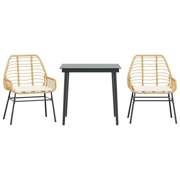 vidaXL 3 Piece Garden Dining Set with Cushions Brown Poly Rattan Glass