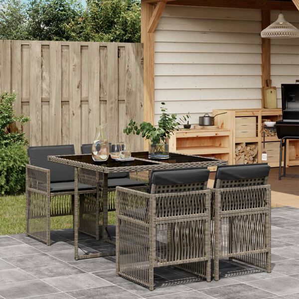 vidaXL 5 Piece Garden Dining Set with Cushions Grey Poly Rattan