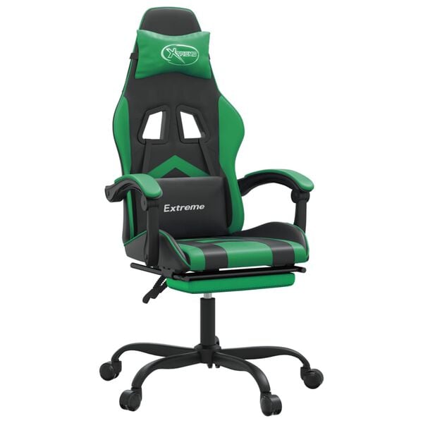 vidaXL Swivel Gaming Chair with Footrest Black&Green Faux Leather