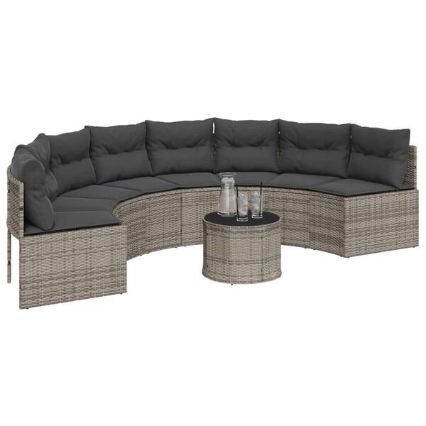 vidaXL Garden Sofa with Table and Cushions Half-Round Grey Poly Rattan