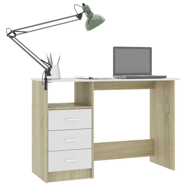 vidaXL Desk with Drawers White and Sonoma Oak 110x50x76 cm Engineered Wood