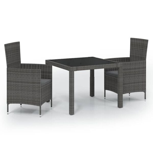 vidaXL 3 Piece Outdoor Dining Set with Cushions Poly Rattan Grey