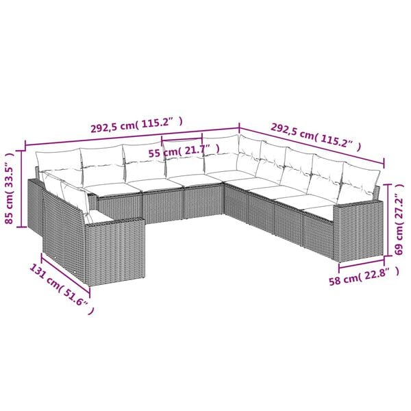 vidaXL 11 Piece Garden Sofa Set with Cushions Black Poly Rattan