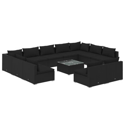 vidaXL 12 Piece Garden Lounge Set with Cushions Black Poly Rattan