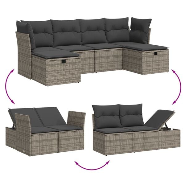 vidaXL 6 Piece Garden Sofa Set with Cushions Grey Poly Rattan