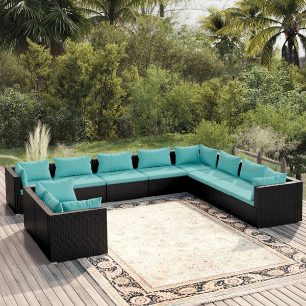 vidaXL 10 Piece Garden Lounge Set with Cushions Black Poly Rattan