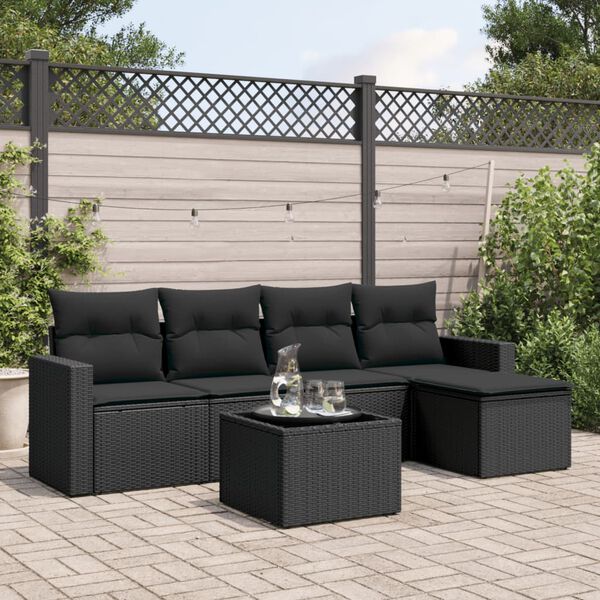 vidaXL 6 Piece Garden Sofa Set with Cushions Black Poly Rattan