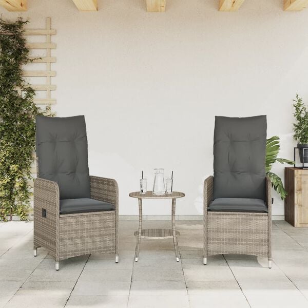 vidaXL Reclining Garden Chairs 2 pcs with Cushions Grey Poly Rattan