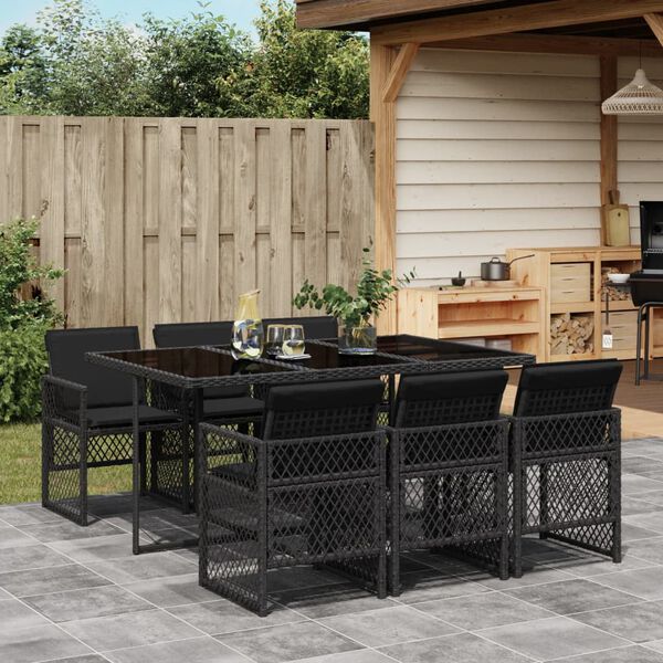 vidaXL 7 Piece Garden Dining Set with Cushions Black Poly Rattan